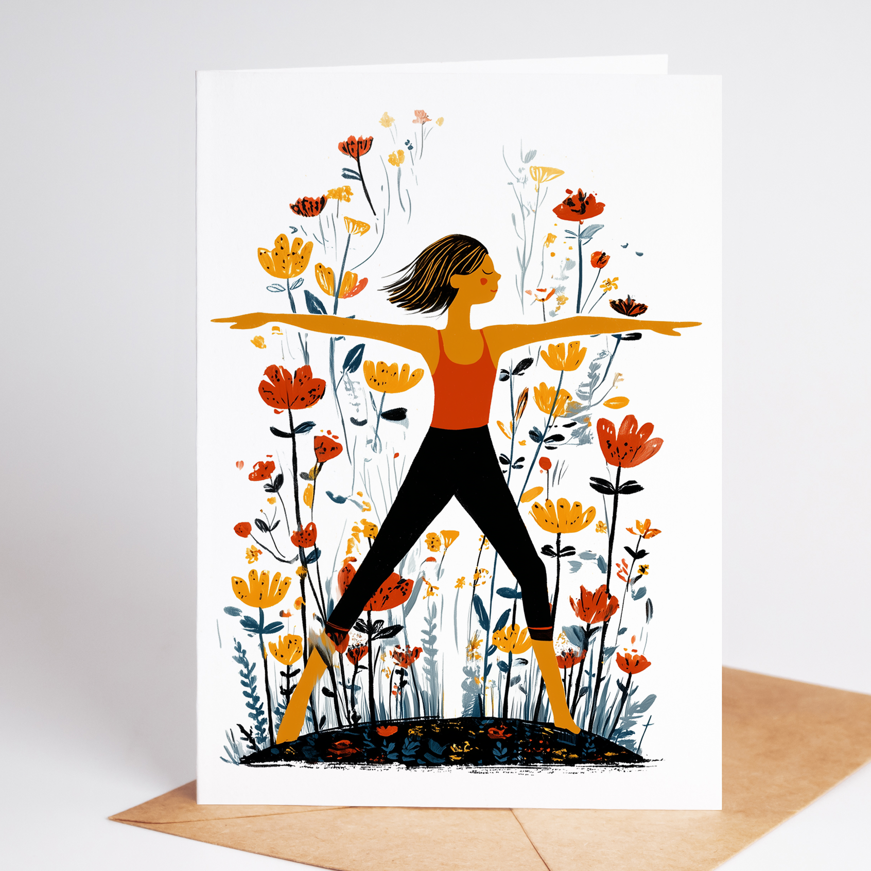 Warrior Pose yoga card angled on envelope with floral accents