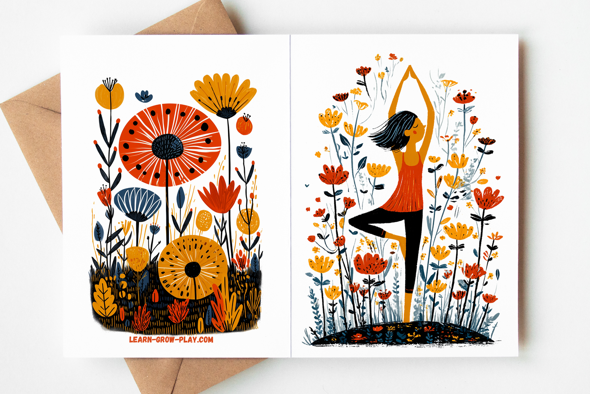 Yoga note card with woman in Warrior Pose and colorful flowers