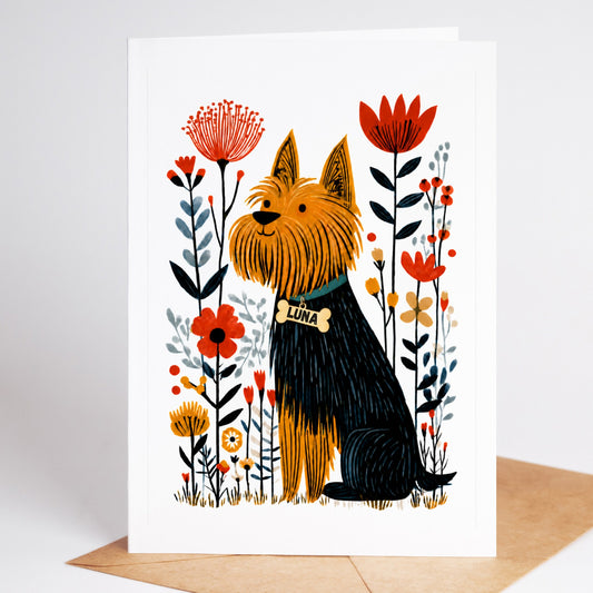 Personalized Yorkie sympathy card with the name Luna on a dog tag, standing on a kraft envelope